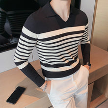 Load image into Gallery viewer, Striped Long-sleeve Knitted Polo Shirt
