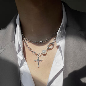 Cross And Bead Trimmed Double Layer Necklace