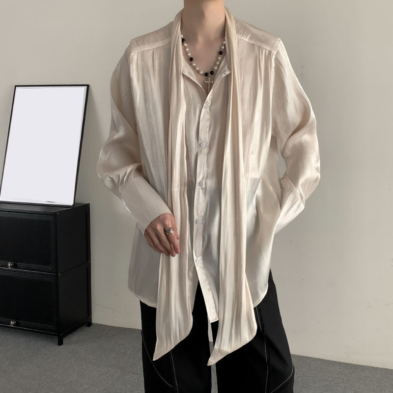 Solid Color Pleated Ribbon Casual Shirt