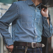 Load image into Gallery viewer, Retro Military Style Blue and White Stripes Shirts