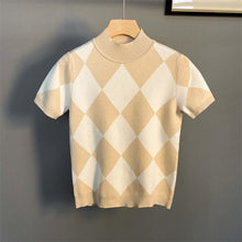 Load image into Gallery viewer, Half Turtleneck Short Sleeve Knit Plaid T-Shirt