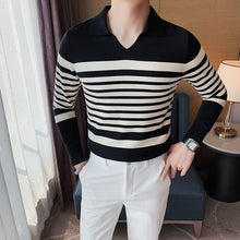 Load image into Gallery viewer, Striped Long-sleeve Knitted Polo Shirt