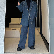 Load image into Gallery viewer, Shoulder-padded Raw-edge Denim Blazer Straight-leg Wide-leg Pants Two-piece Set