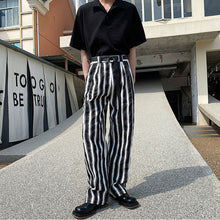 Load image into Gallery viewer, Black and White Striped Belt Tie Pants