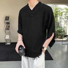 Load image into Gallery viewer, Tassels Raw Edge V Neck Half Sleeves T-Shirt