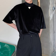 Load image into Gallery viewer, Metallic Stand Collar Half Sleeve Velvet T-Shirt