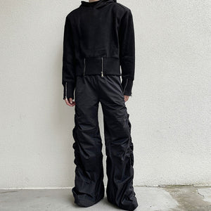 Dark Elastic Pleated Floor-length Trousers