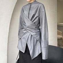 Load image into Gallery viewer, Stand Collar Cross Button Irregular Shirt