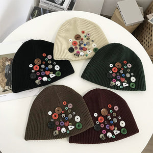 Irregular Button Trim Knitted Hat