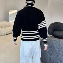 Load image into Gallery viewer, Contrast Striped Diagonal Zip-up Turtleneck Sweater
