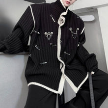 Load image into Gallery viewer, American Stand-up Collar Color-blocked Knit Cardigan
