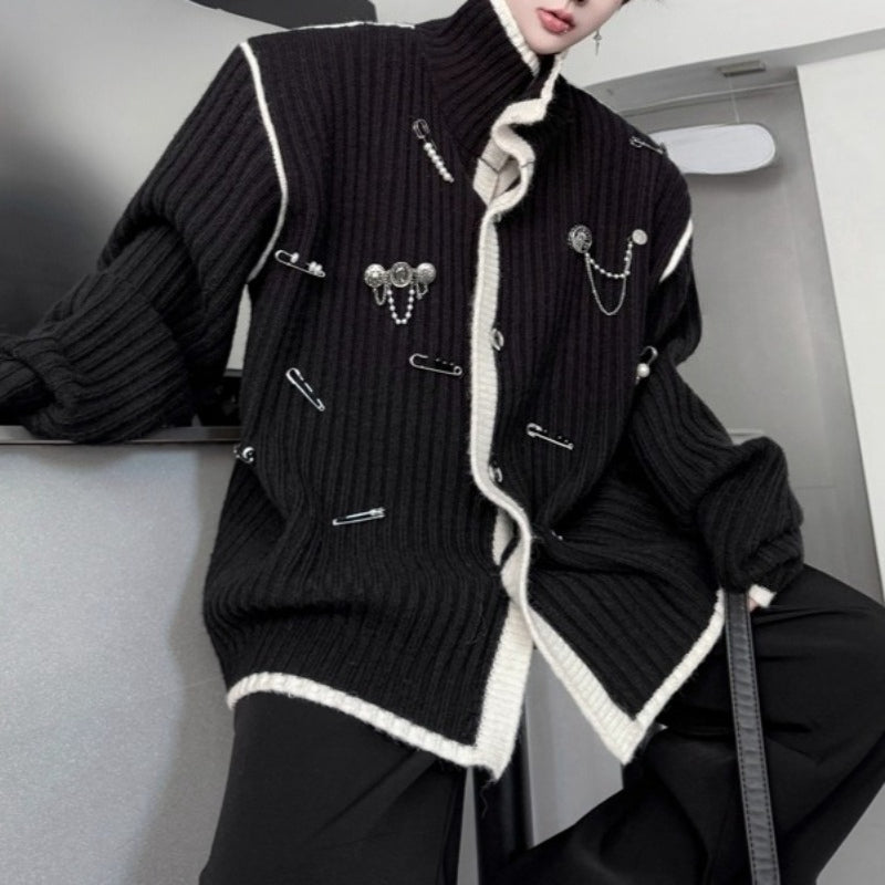 American Stand-up Collar Color-blocked Knit Cardigan