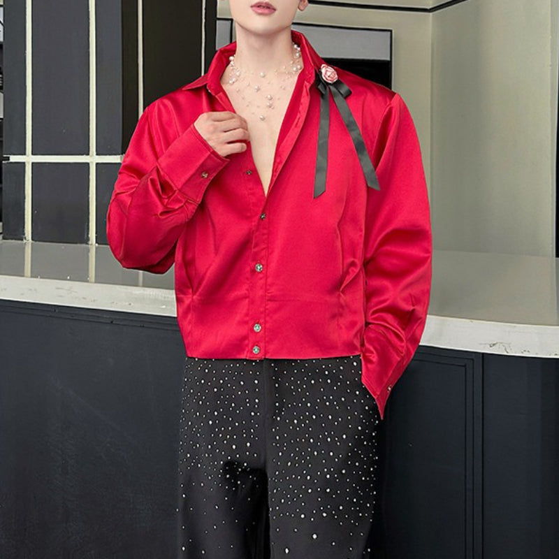 Floral-embellished French Long-sleeved Satin Silky Shirt