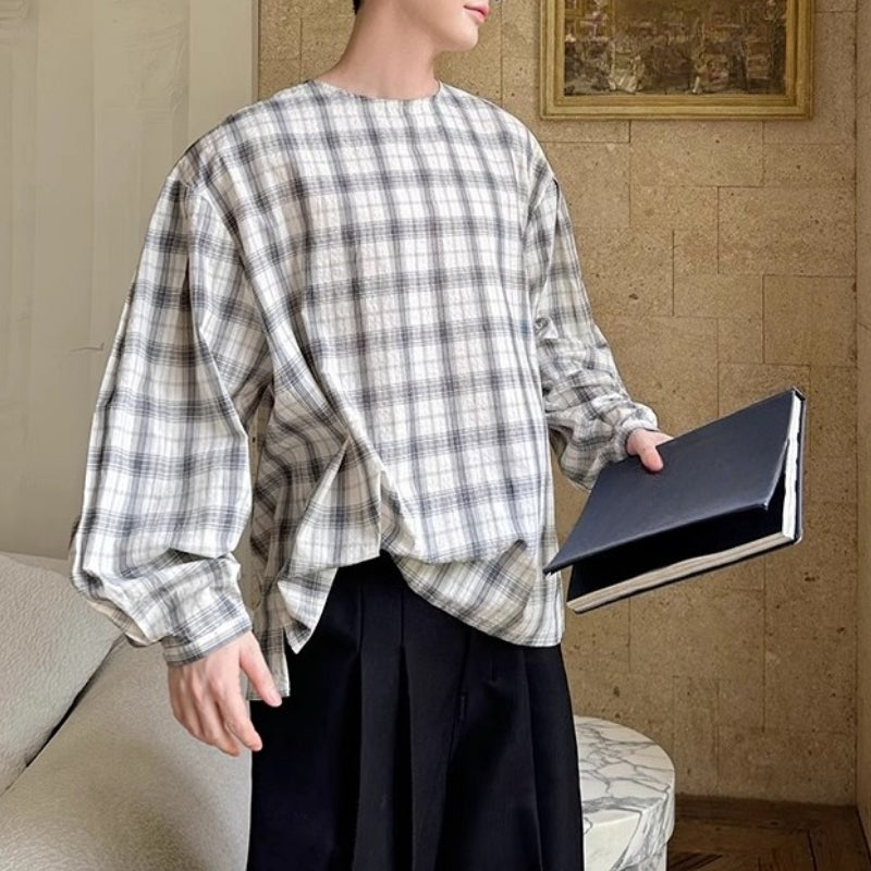 Oversized Collarless Plaid Loose Shirt