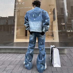 Zippered Casual Denim Jacket Loose Two-piece Set