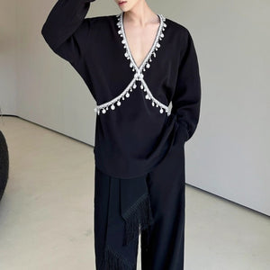 French V-neck Beaded Loose Shirt