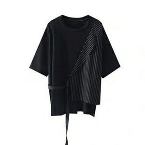 Fake Two-piece Straight Lace-up Striped Patchwork T-shirt