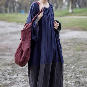 Loose Pleated Lantern Sleeve Color-block Dress