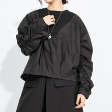 Load image into Gallery viewer, Women's Ruched Sleeve Paneled Drawstring Hem Batwing Long Sleeve Top

