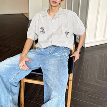 Load image into Gallery viewer, Vintage Embroidered Striped Short Sleeve Shirt
