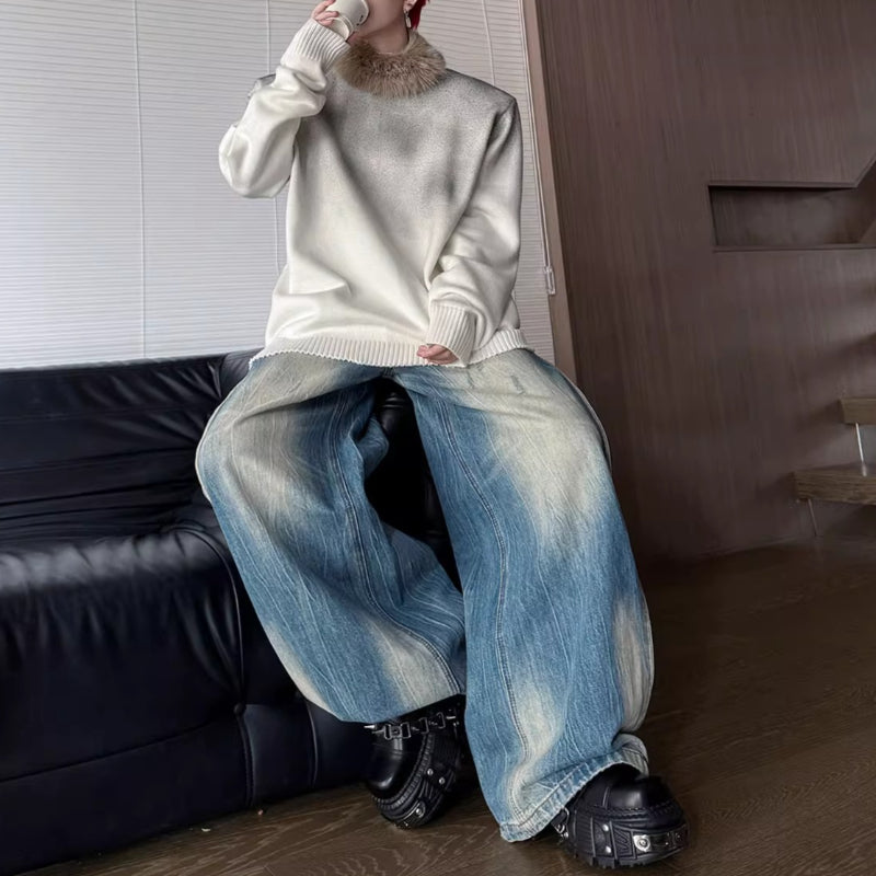 American style Distressed Spray-painted Fur Collar Sweater