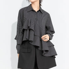 Load image into Gallery viewer, Women's Asymmetrical Double Layer Ruffle Hem Striped Shirt
