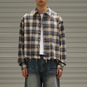 Raw Edge Cropped Loose Check Shirt