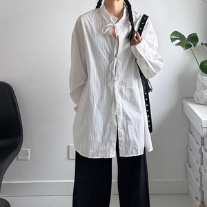 Deconstructed Drawstring Vertical Striped Loose Casual Shirt