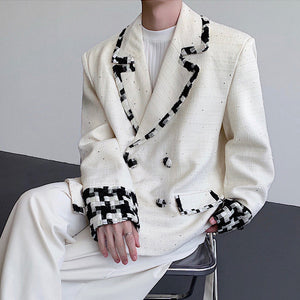 Woven Panel Check Double-Breasted Blazer