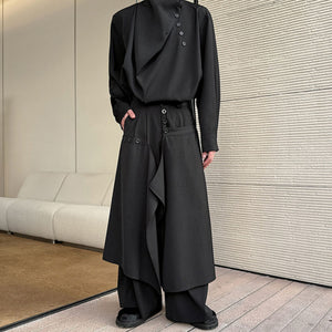 Asymmetric Long-sleeved Shirt and Wide-leg Pants Two-piece Set