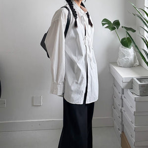 Deconstructed Drawstring Vertical Striped Loose Casual Shirt