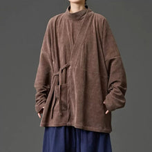 Load image into Gallery viewer, Corduroy Curved Collar Diagonal Placket Loose Hanfu Cardigan
