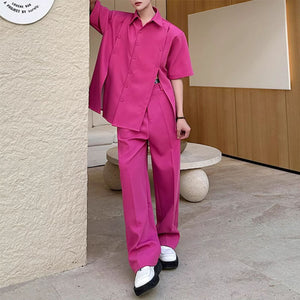 Slit Buttoned Shoulder Pad Shirt Wide Leg Trousers Two-Piece Set