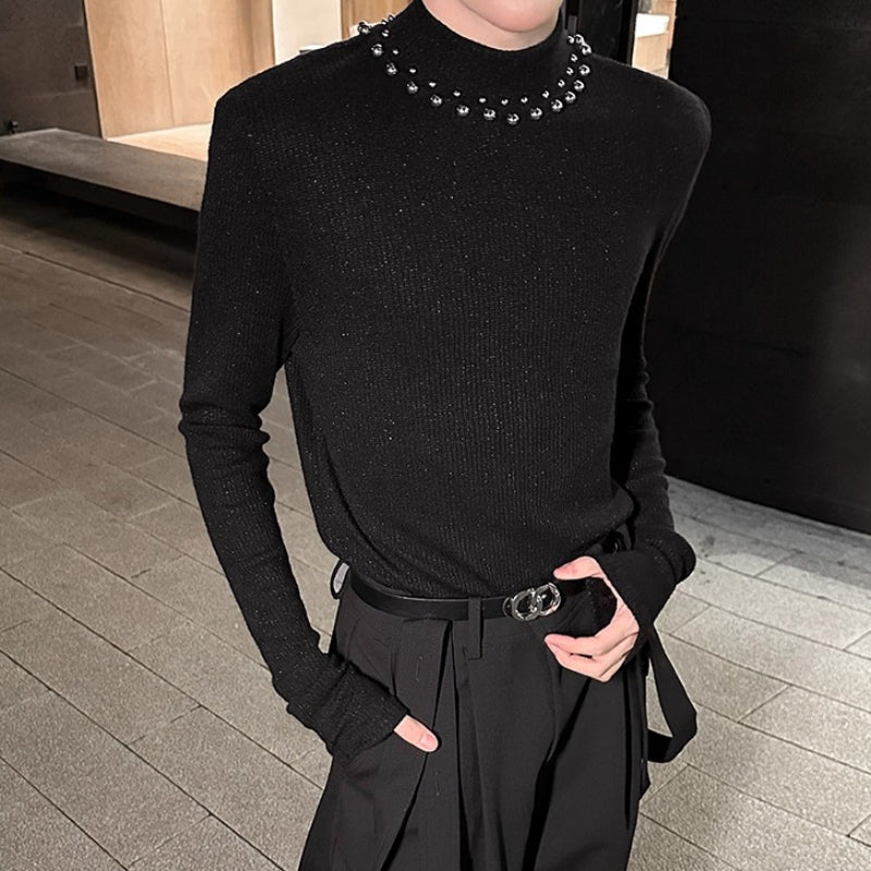 Padded Shoulder Pearl Knit T-shirt