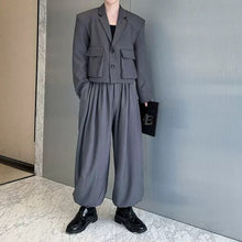 Load image into Gallery viewer, Cropped Flap Pocket Blazer Draped Pleated Cuffed Wide-leg Trousers Two-piece Set
