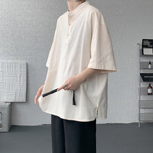 Load image into Gallery viewer, Cotton and Linen Henley Collar Loose T-Shirt
