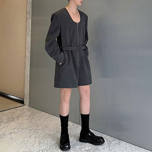 Low-neck Zippered One-piece Jacket and Shorts Set