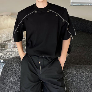 Zipper Button Trim Shoulder Pads T-Shirts