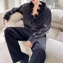 Load image into Gallery viewer, French V-neck Floral-Shaped Collar Vintage Satin Shirt
