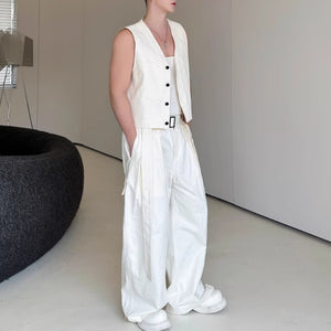 Casual Short Cardigan Vest Wide Leg Trousers Workwear Two-piece Set