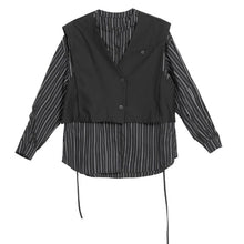 Load image into Gallery viewer, Women's Cropped V Neck Suit Vest Striped Lantern Sleeve Shirt Layered Two-piece Set
