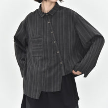 Load image into Gallery viewer, Women’s Striped Slanted Placket Irregular Hem Shirt
