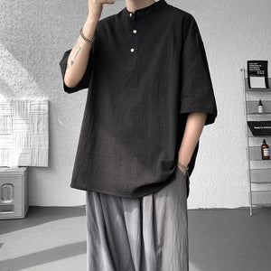 Cotton and Linen Henley Collar Loose T-Shirt