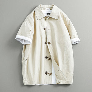 Cotton Japanese Retro Wooden Horn Button Shirt