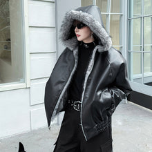 Load image into Gallery viewer, Winter Faux Fur Reversible Hooded Leather Coat
