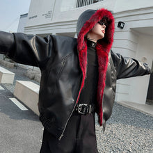 Load image into Gallery viewer, Winter Faux Fur Reversible Hooded Leather Coat
