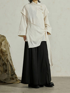 Textured Slanted Placket Tie-Strap Fake Two-Piece Shirt