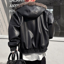 Load image into Gallery viewer, Winter Faux Fur Reversible Hooded Leather Coat
