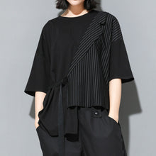 Load image into Gallery viewer, Fake Two-piece Straight Lace-up Striped Patchwork T-shirt

