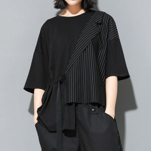Fake Two-piece Straight Lace-up Striped Patchwork T-shirt